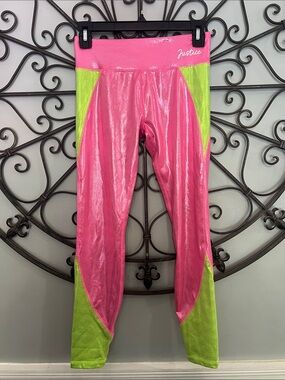 Justice Shiny Hot Pink & Lime Green Colorblock Leggings
